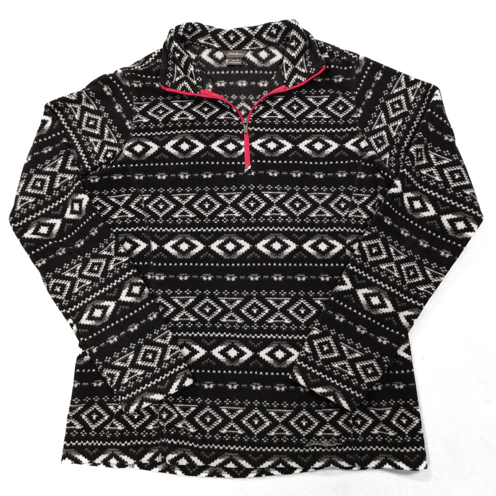 EDDIE BAUER Womens S Black White Aztec Print Outdoor Quarter Zip Fleece Pullover - Picture 2 of 7